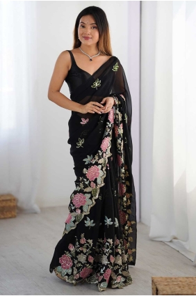 Sequins and weaving Georgette Saree in Black SR28664