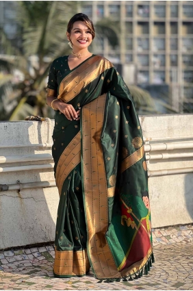 Weaving Silk Saree in Bottel green SR28041
