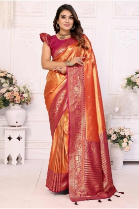 Weaving Tussar silk South Indian Saree in Orange SR28214