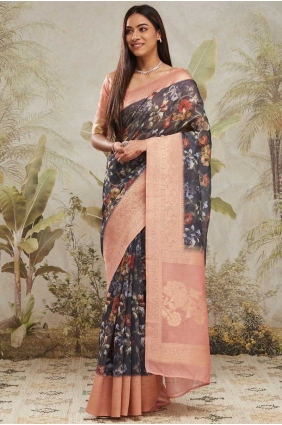 Navy blue Jacquard silk Saree with Weaving SR28662