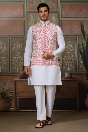 White Men Kurta in Embroidered Silk KURR603