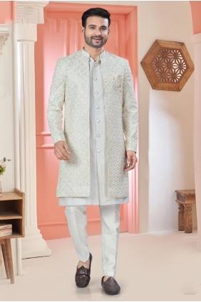 White Men Kurta in Embroidered Art silk KURR437