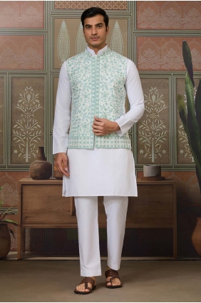 Silk Men Kurta in White with Embroidered KURR605