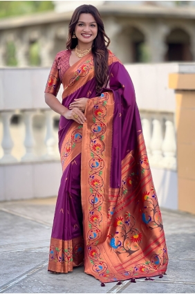 Silk Saree with Weaving in Wine SR29090
