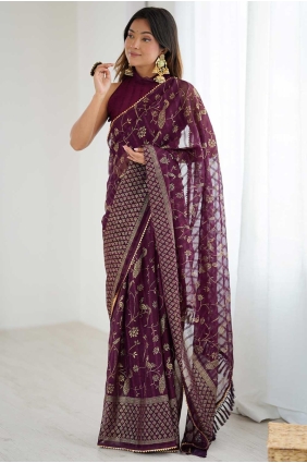 Weaving Georgette Saree in Wine with Blouse SR28849