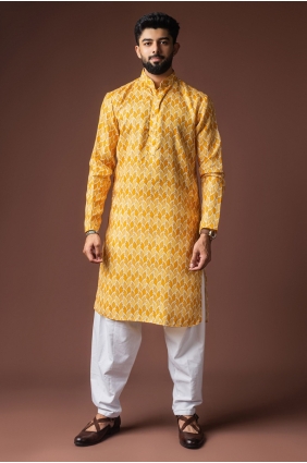 Yellow Men Kurta in Linen with Digital print KURR586