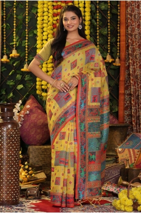 Weaving Linen Saree in Yellow SR28877